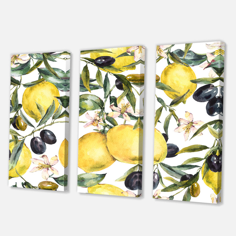 Citron et branches d'olivier I - 3 pièces, peinture sur toile tendue