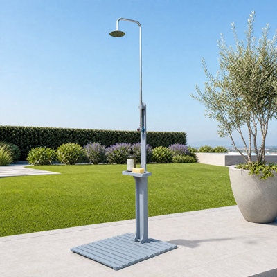 Versatile Wooden Outdoor Shower - Weatherproof Design With Built-In Storage For Poolside Relaxation