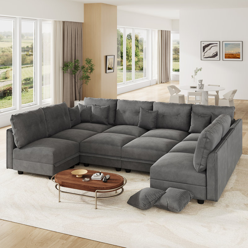 10 Seat Corduroy Convertible Modular Sectional Sofa With Storage, 8 Back Cushion 8 Throw Pillow, Gray Corduroy