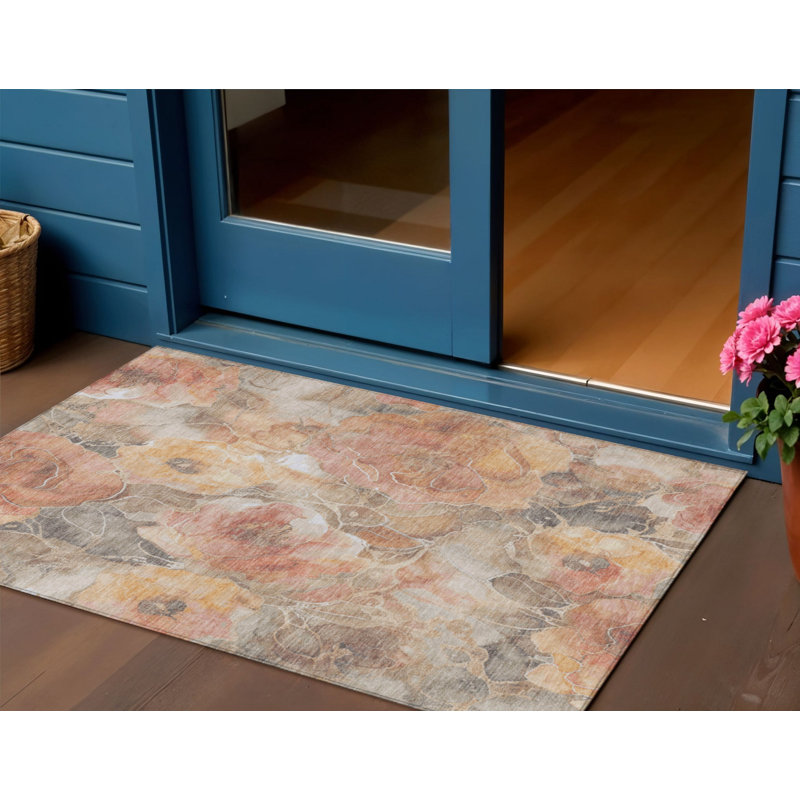 3' X 5' Peach And Gray Floral Washable Indoor Outdoor Area Rug