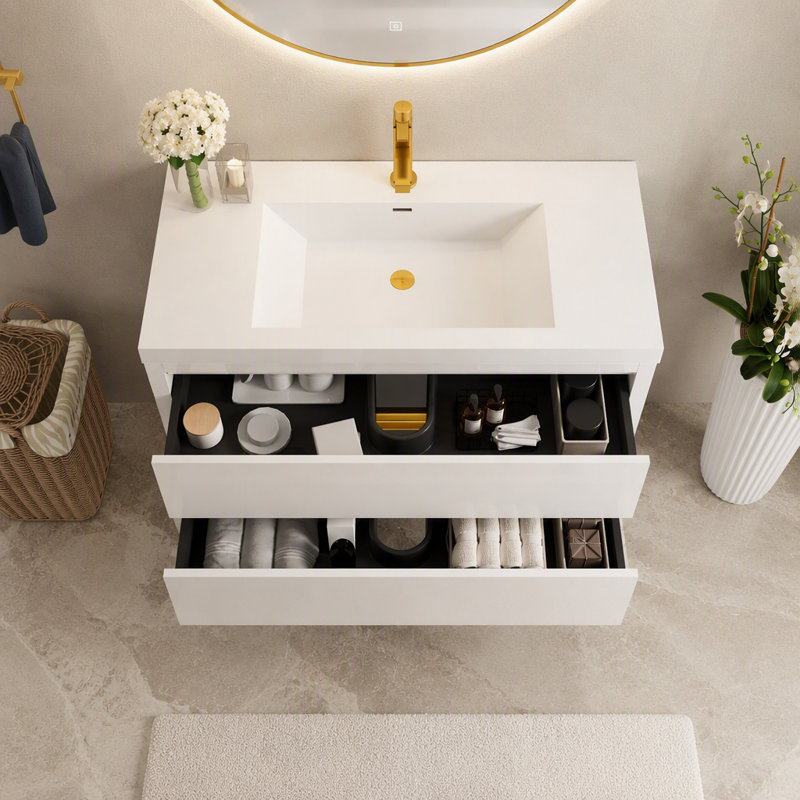 Meuble-lavabo mural de 42 po avec lavabo, meuble de rangement flottant avec comptoir en résine de pierre et tiroirs à fermeture en douceur entièrement assemblés, blanc brillant 24V15-42GW-W1920P414543