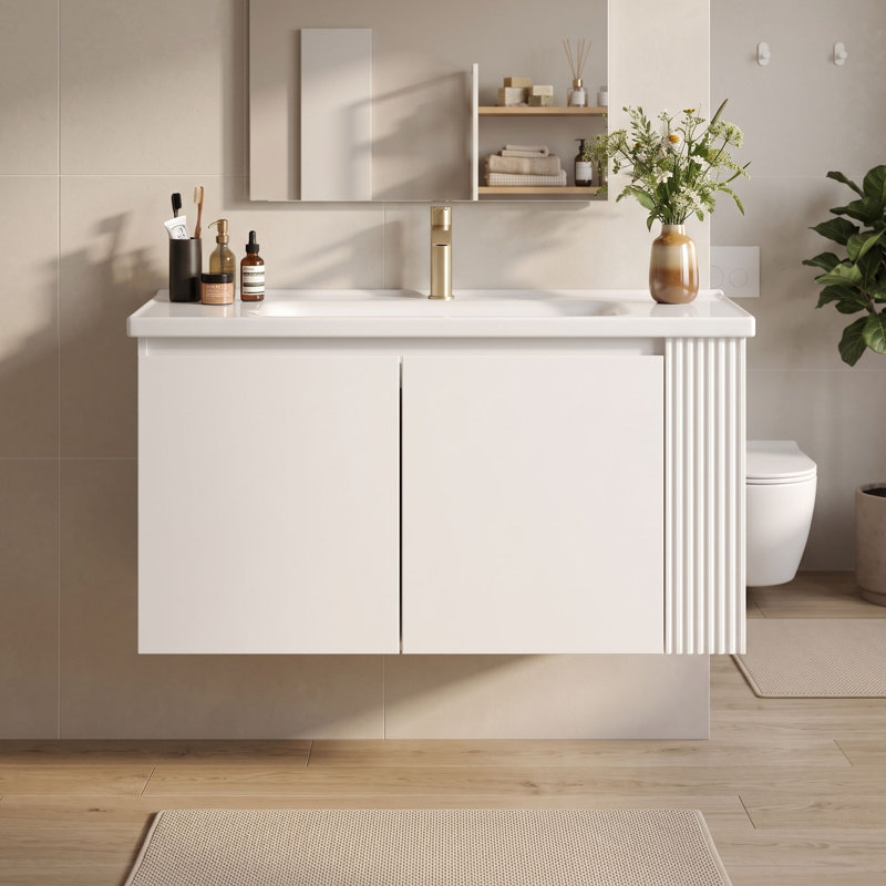 Meuble-lavabo mural avec lavabo, tablettes et portes en céramique