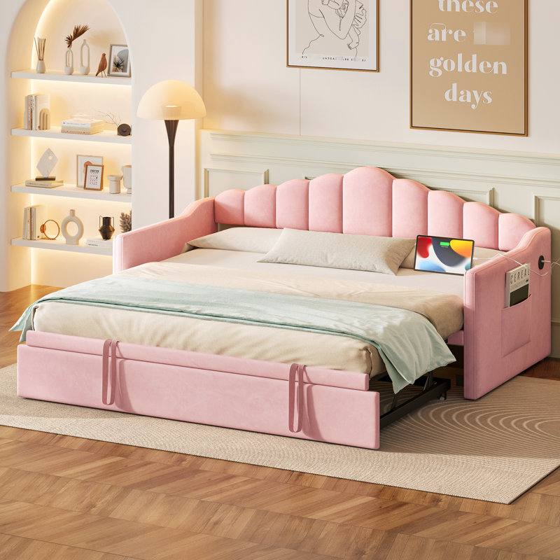 Lit de jour simple de taille rose avec lit gigogne ajustable, station de charge intégrée et poches latérales pour magazines rembourrés avec dispositif de retrait et de type C, livres