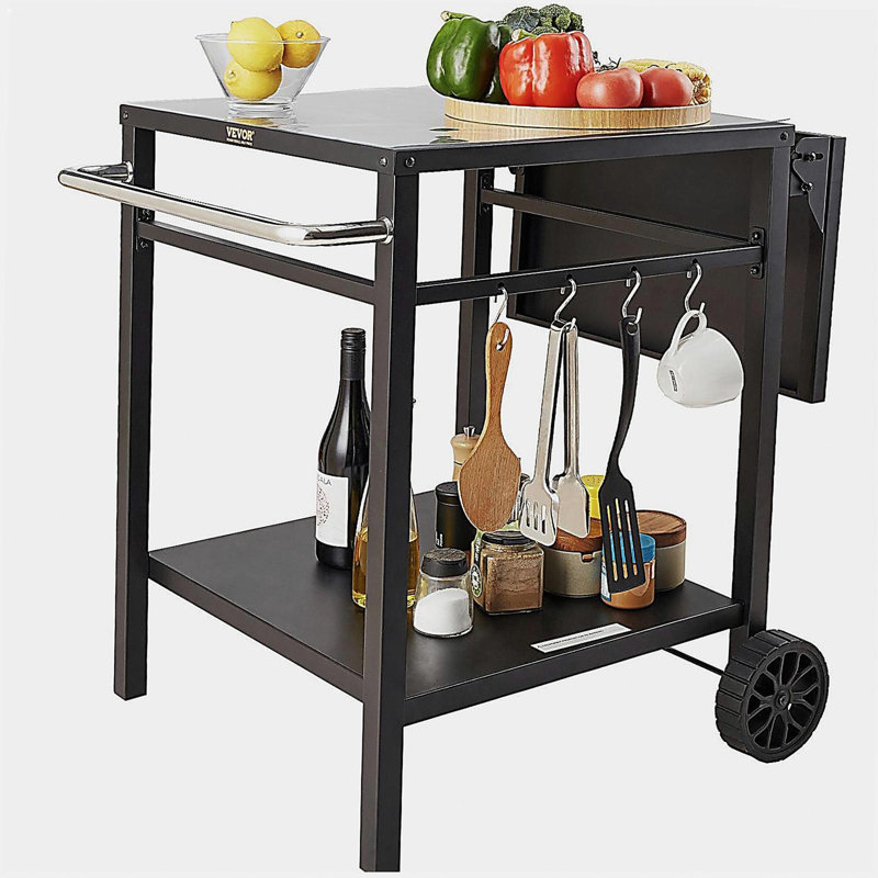 Outdoor barbecue food cart, with double-tier stand, movable barbecue food preparation table, multi-functional folding metal table, portable modular trolley, suitable for pizza oven, two-wheeled work station with handle