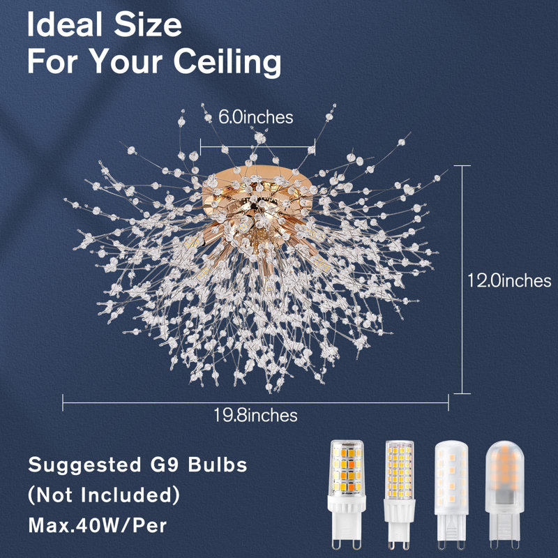 6-Light Sputnik Flush Mount Ceiling Light Fixture, Modern Gold Crystal Firework Ceiling Lights, Close To Ceiling Lamp