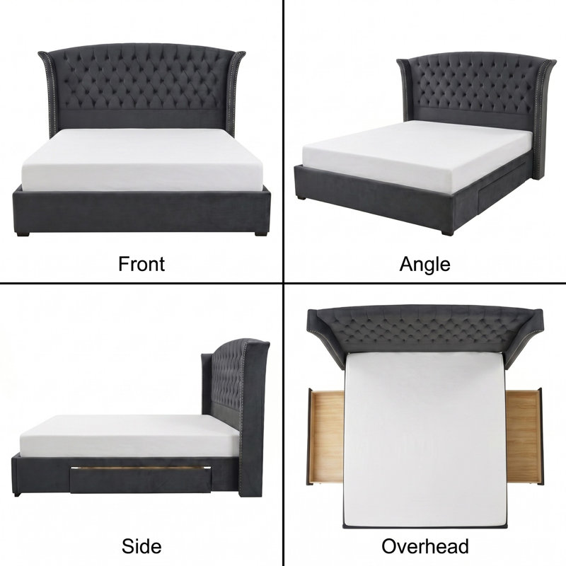 57.48" High Bed Frame with 2 Storage Drawers, Upholstered Velvet Headboard Platform Bed, Wingback Headboard, Button Tufted Bed, Metal Frame & Sprung Slats Support, No Box Spring Needed, Easy Assembly