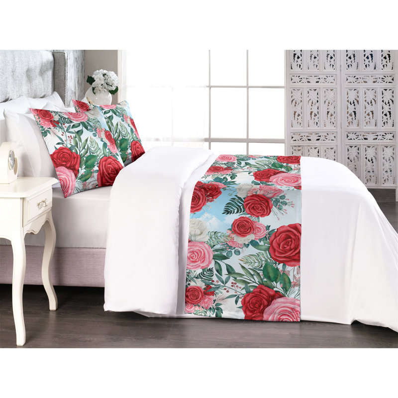Ambesonne Delicate Roses Bed Runner Set Art Blooming Floral Dark Coral Pastel Pink, King