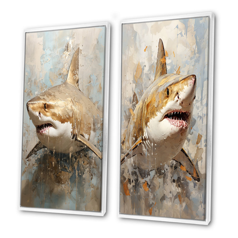 Minimalisme, requin, peinture, beige doré, Cadre blanc, H 32 po x l 33 po
