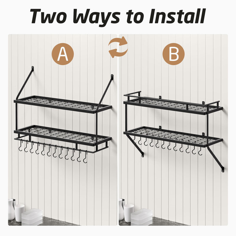 Metal Rectangle Wall Mounted Pot Rack, Black