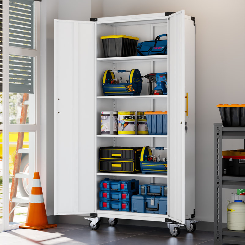 Steel Tall 71" Garage Storage Cabinet with Locking Doors ,Rolling Wheels and Adjustable Shelves, 70.87"H, White