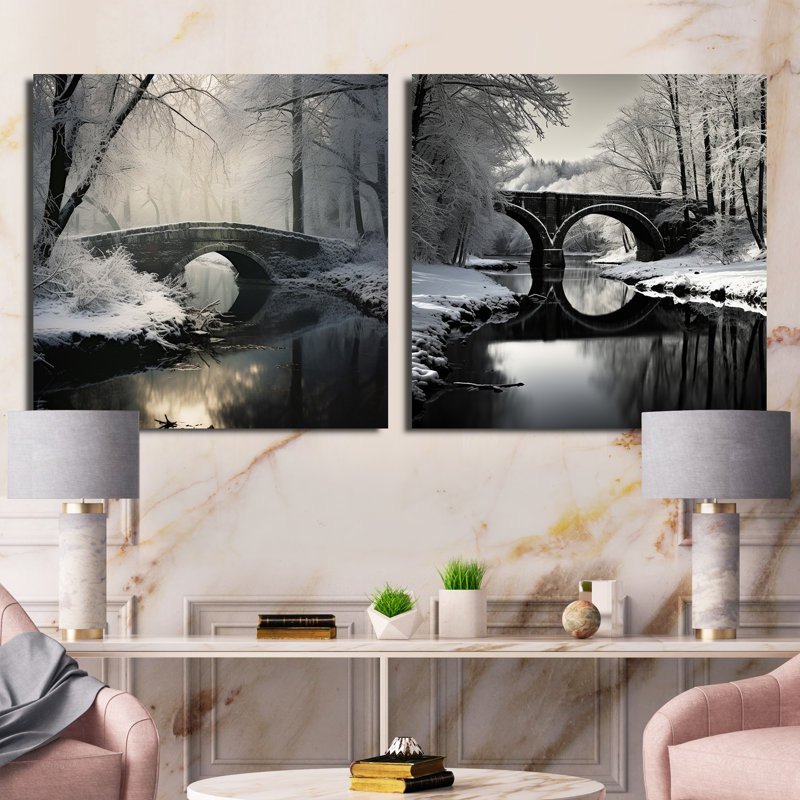 Paysage hivernal Bridges - ensemble de 2 collages carrés Bridges, Toile tendue, H 36 po x l 73 po