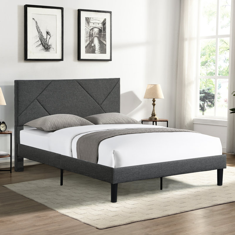 Structure de lit double pleine grandeur, tissu gris, tête de lit, support en bois, sans sommier, lit à assemblage simple, lattes, assemblage facile, support de matelas