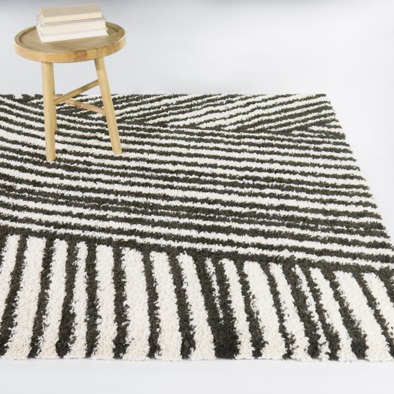Avraham Black Abstract Stripe Shag Area Rug, Rectangle 5'3" x 7'