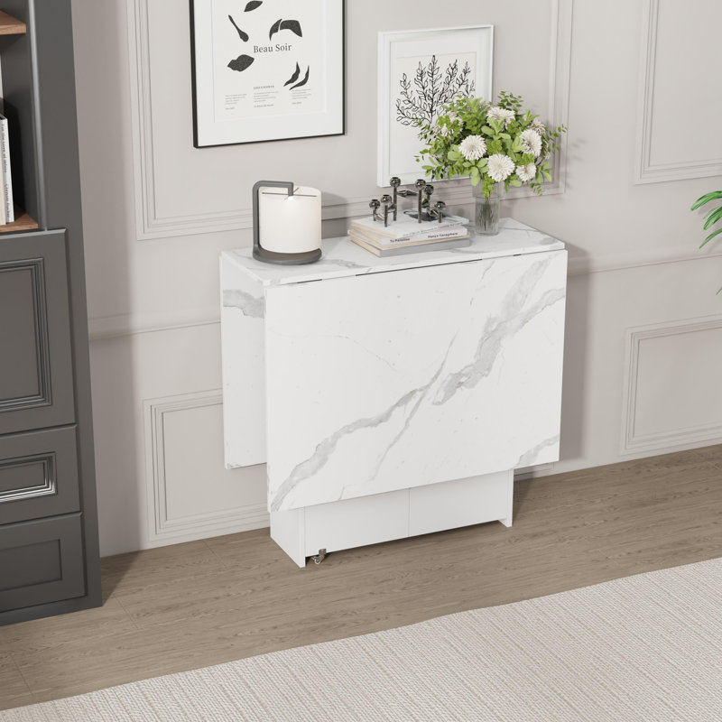 Folding Dining Table On Locking Wheels With Storage (White)