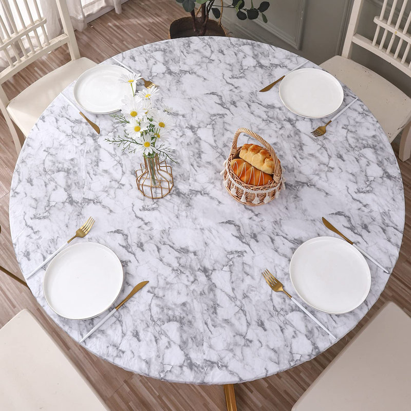Round Vinyl Fitted Tablecloth With Flannel Backing Elastic Edge Design Table Cover Waterproof Oil-Proof PVC Table Cloth Stain-Resistant Best For 45"-56" Round