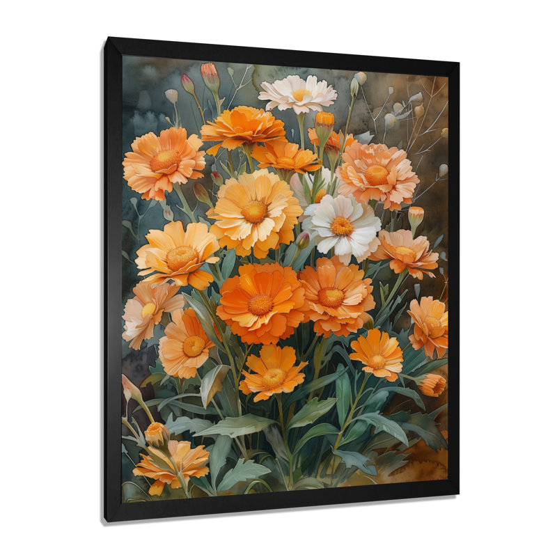 Décoration murale orange et vert parfumée «souci» jardin III - souci, Cadre simple noir, bois massif, H 12 po x l 20 po