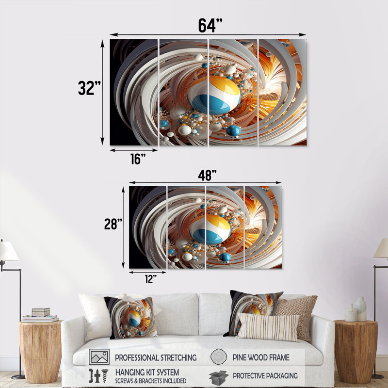«Distant Galaxy Turquoise White - Abstract Spirals», ensemble de 4 pièces d'art mural, H 32 po x l 64 po