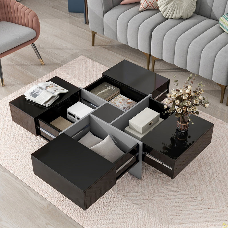 Coffee Table With 4 Hidden Storage Compartments, Square Cocktail Table With Extendable Sliding Tabletop