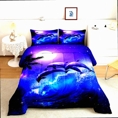 Moonlit Dolphin Dreams 3D Comforter Set - Sea Jumping Bedding with Underwater World Animals Pattern in Night Moonlight Blue and Purple Duvet