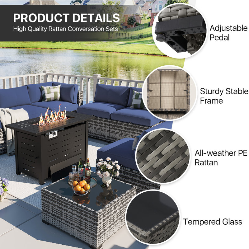 6-Seater Wicker Patio Conversation Set With Cushions, 44" Fire Pit Table And Coffee Table For Outdoor Use, Gray, Blue