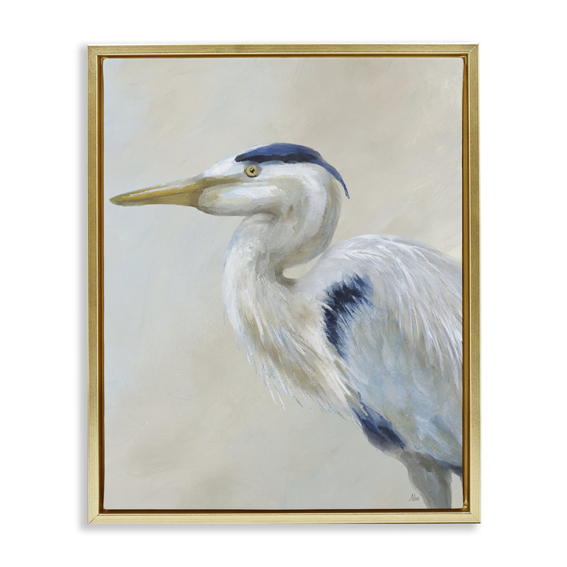 Portrait d'un héron regardant à gauche, Cadre flottant métallique doré, H 21 po x l 17 po