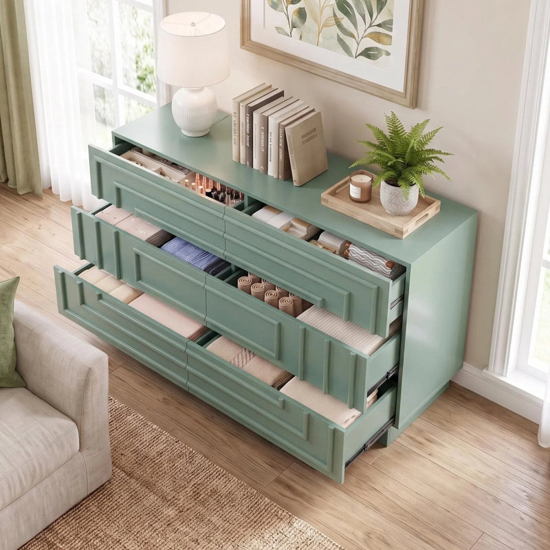 Meuble télé 57,2 po à 6 tiroirs pour meuble télé de salon, Vert sauge