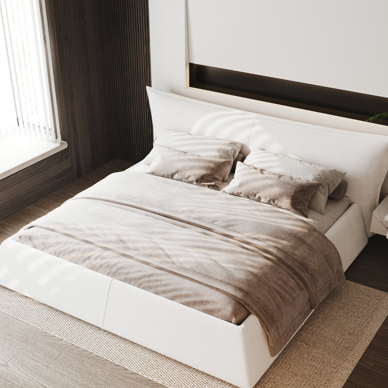 Lit plateforme en tissu d'ameublement, Très grand lit, Crème, crème