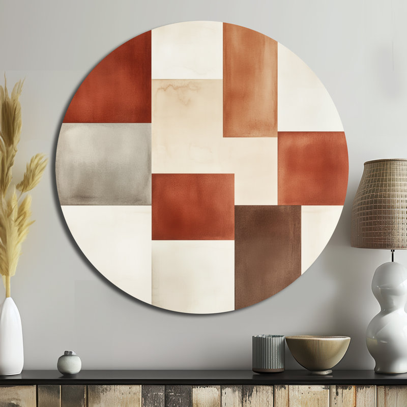 Minimal Blocks In Earth Tones - Art mural rond en métal minimaliste abstrait, L 29 po x H 29 po