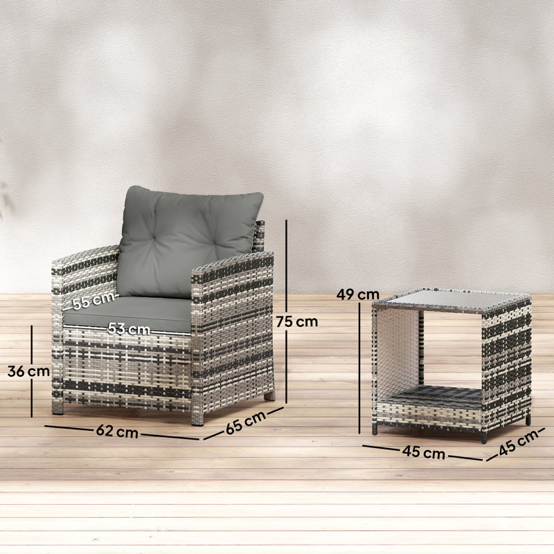 2 - Person Patio Dining Set with Square Table, Grey Cushion/Grey Frame
