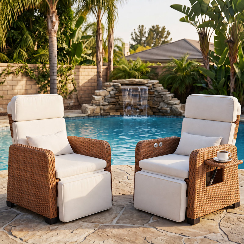 Fauteuil inclinable d'extérieur en résine tressée, chaise longue de patio avec dossier et repose-pieds réglables, table rabattable - Résine tressée marron miel / blanc ivoire