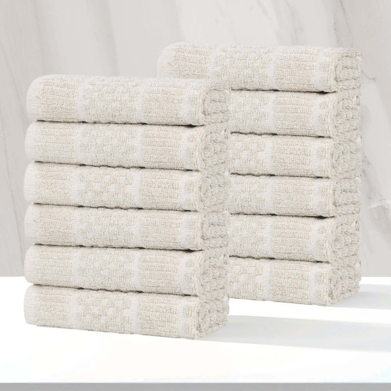Naples Viscose Cotton Blend Medium Weight Textured Checkered and Ribbed Face Towels Washcloths, Beige