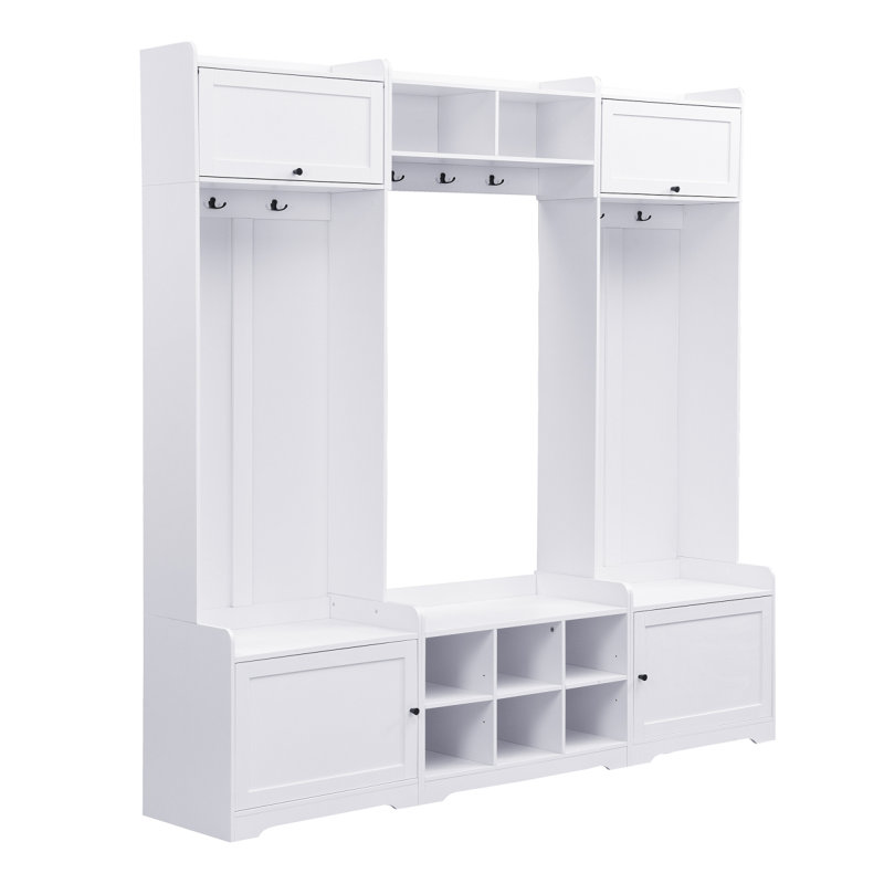 VIBE HAUS 79.1''Wide Modern Hall Tree With Shoe Storage, 4In1 Entryway Bench With 8 Cubbies, 7 Coat Hooks & Adjustable Shelf For Hallway, Living Room, White