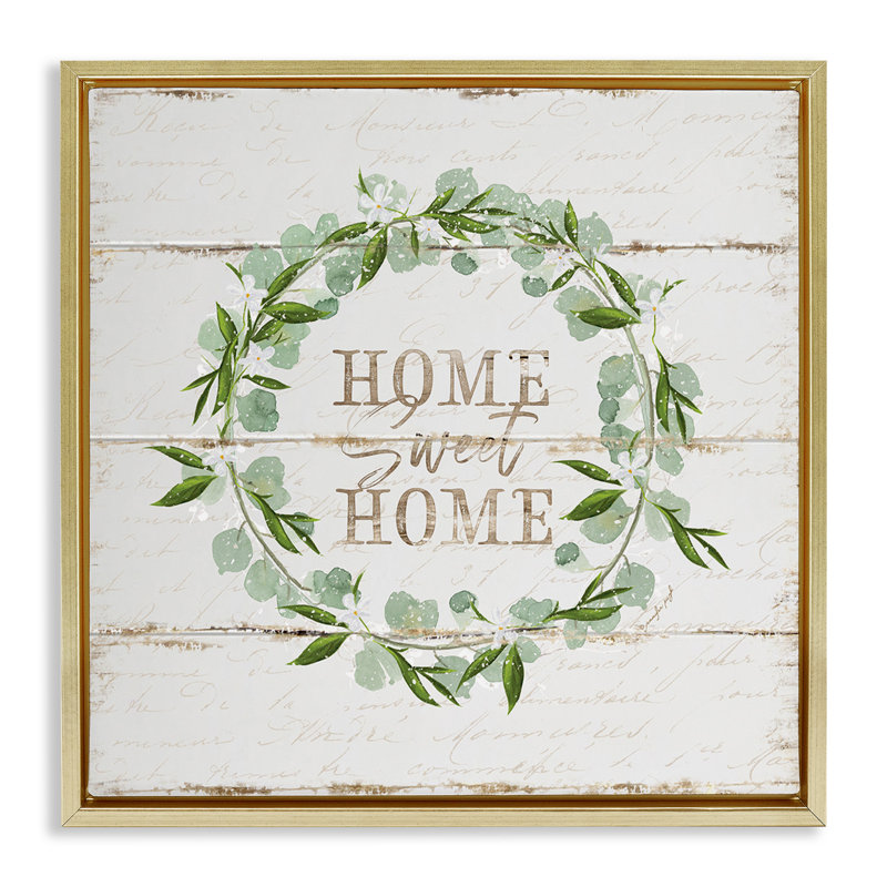 «Sweet Home Eucalyptus Wreath», art mural encadré sur toile flottante par Jennifer Pugh, Cadre flottant métallique doré