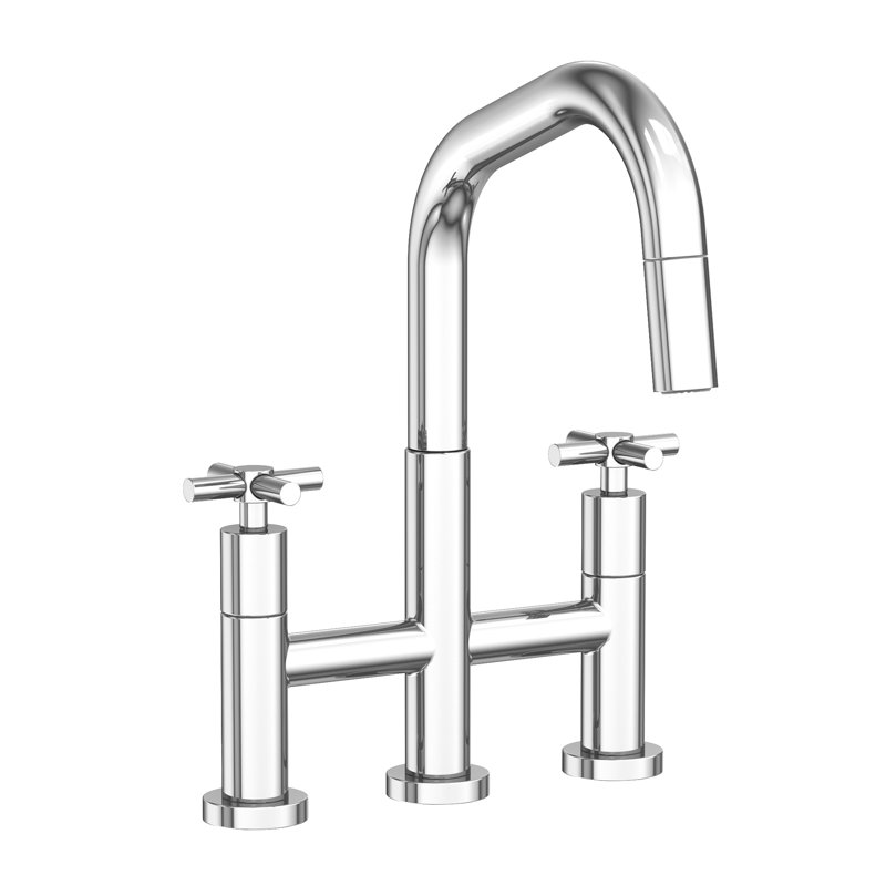 East Square Pull Down Bridge Faucet, Polished Chrome, Cross Handle