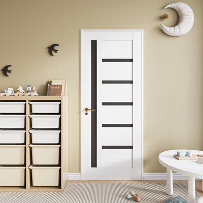 Porte intérieure prémontée à 5 panneaux en MDF à âme pleine, revêtement PVC blanc 24 po x 80 po, avec cadre à montage rapide