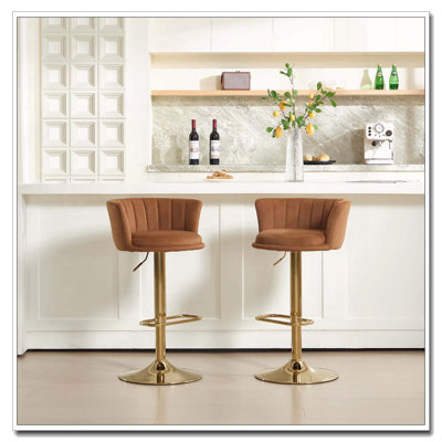 Tabourets de bar, repose-pieds chromé et base pivotante en velours mécanique à hauteur réglable + pieds dorés