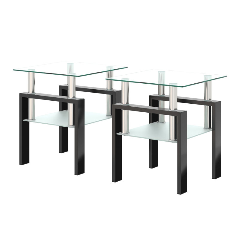 Set Of 2, Modern Tempered Glass Tea Table Coffee Table End Table, Square Table For Living Room, Black