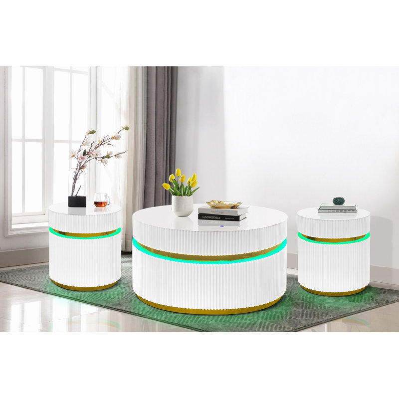 Ensemble de 3 tables basses rondes avec plateau en verre et lumières DEL