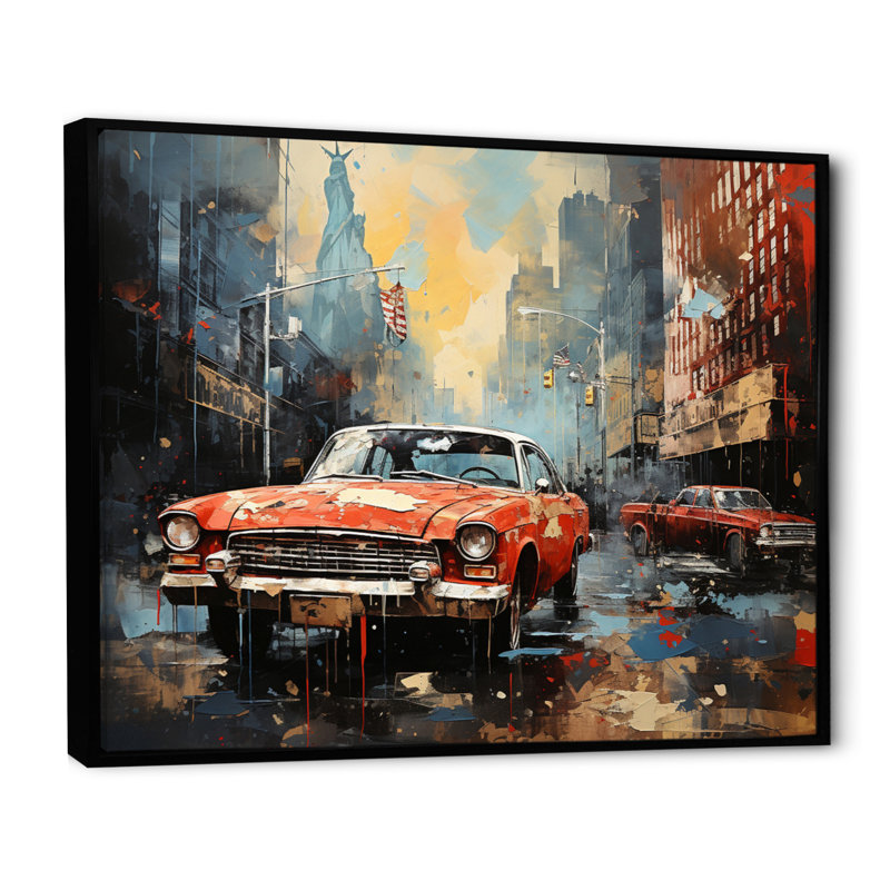 Collage de voitures anciennes - reproduction de toile rétro, H 34 po x l 44 po x P 1,5 po, Cadre flottant noir