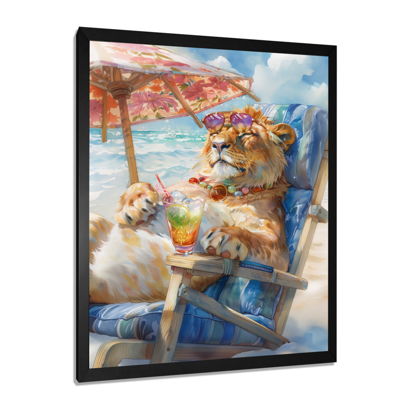«Lion Relaxing On The Beach I - Coastal Animal», reproduction d'art mural, Toile encadrée noire simple