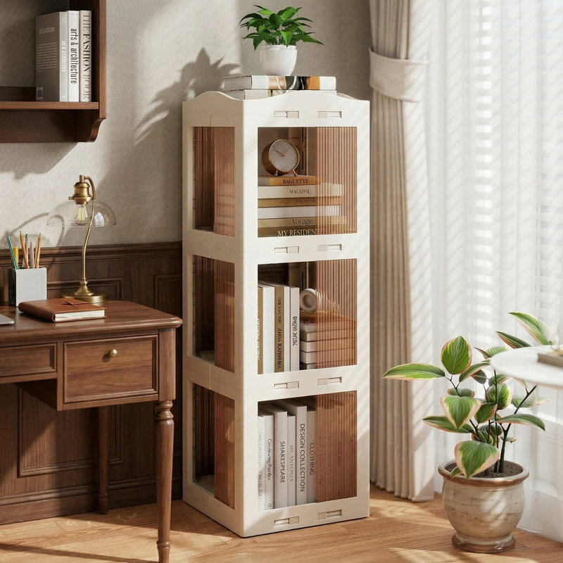 Bibliothèque de rangement rotative pliable à 3 niveaux à 360 degrés, base pivotante anti-rayures stable et panneaux translucides anti-poussière, bureau compact et peu encombrant, chambre à coucher