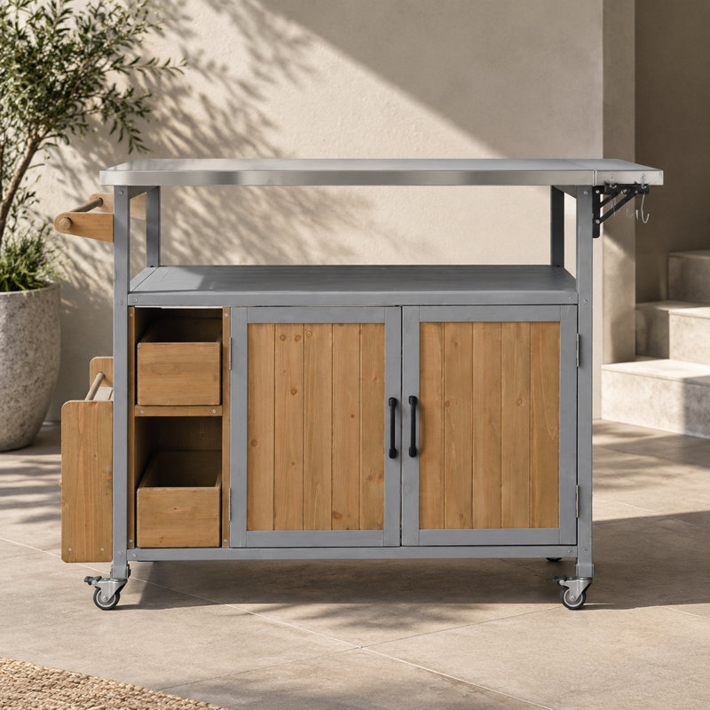 Chariot de cuisine d'extérieur à roulettes avec plateau en acier inoxydable, porte-épices et roues verrouillables