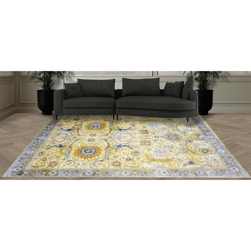 Tapis oriental en laine / soie noué à la main rectangulaire jaune / bleu, Rectangle 6 pi x 9 pi