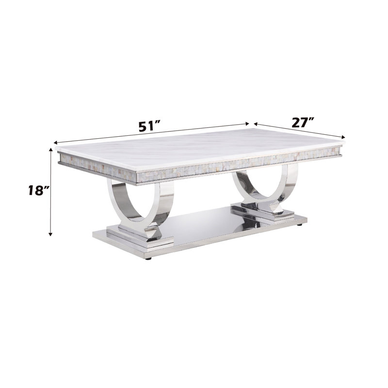 Table basse en simili marbre blanc avec finition argentée miroir, plateau de table épais de 18 mm d'épaisseur, élégant pour le salon moderne avec surface et surface épaisse et sophistiquée, acier inoxydable