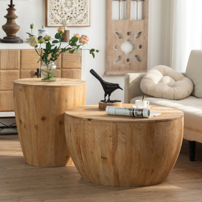 Vintage Coffee Table  2  - Bucket Design. Fir Wood & . Storage Compartment. 220 Lbs Load Capacity. No Assembly. Simple Cleaning With Antique Oil. Natural Shade Retro Shaped 2 Pieces. Construction.
