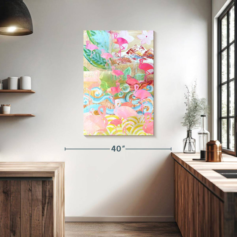 Flamant rose collage, H 39 po x l 26 po
