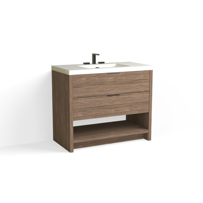 Vue 42" W Freestanding Single Bathroom Vanity, Glossy White/8" Widespread, Matte Black, White Nanomatte