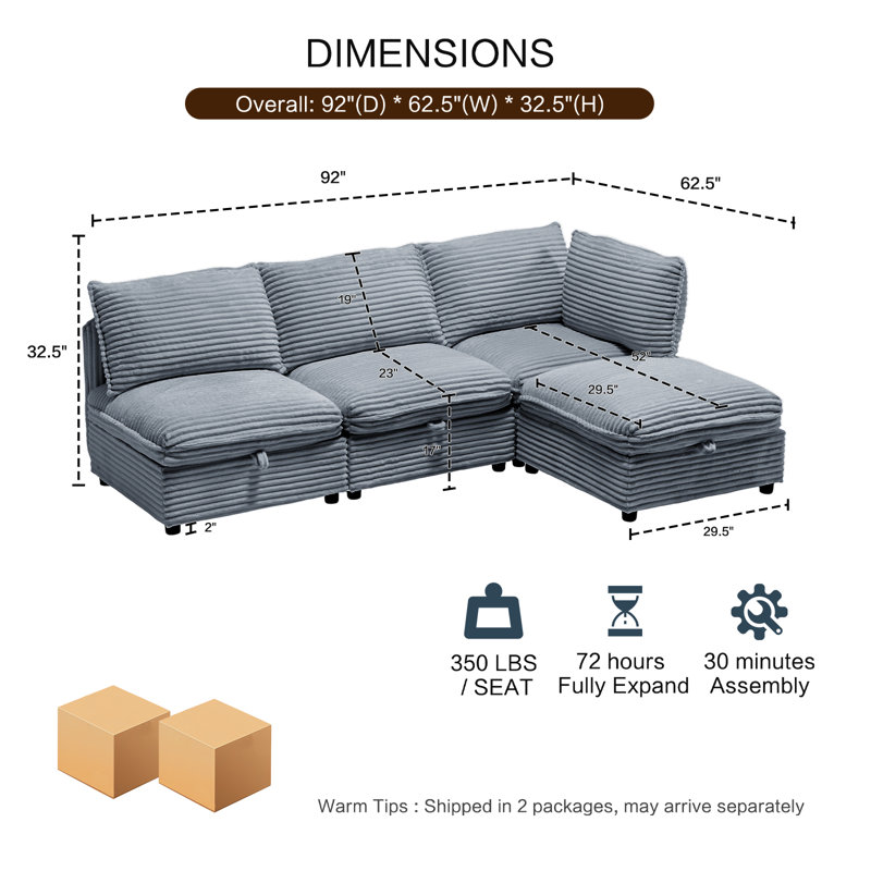 2-Seat Sectional Sofa with Hidden Storage and Ottomans, Gray Corduroy