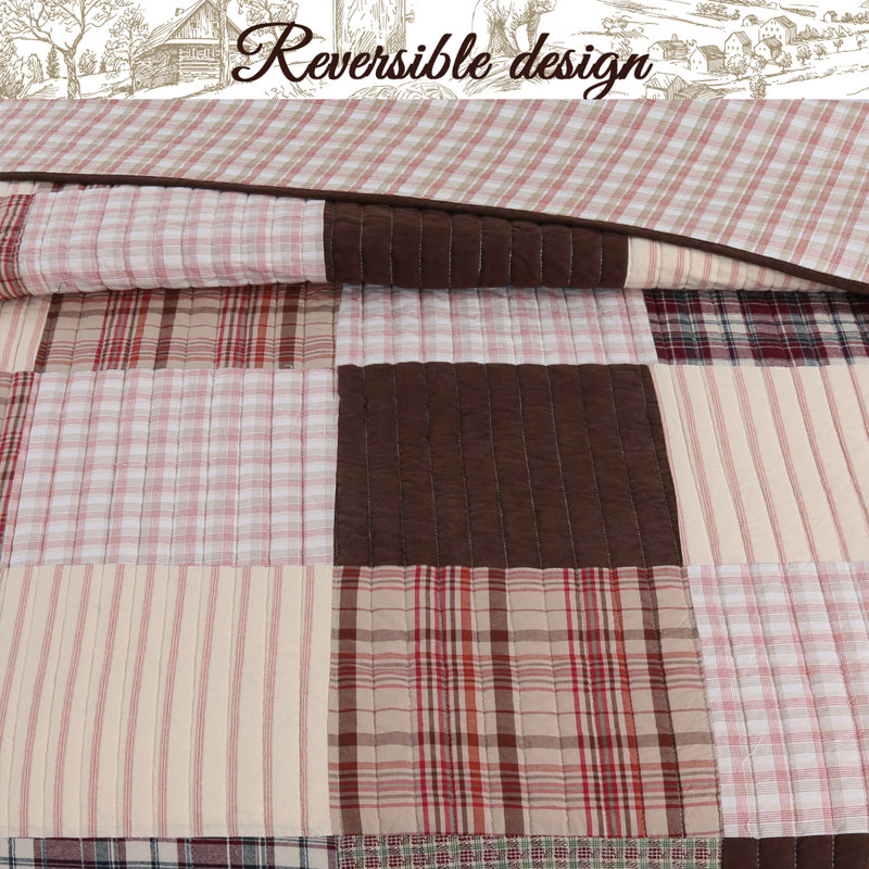  Ensemble de courtepointe réversible en coton brun / beige 180, Courtepointe pour lit simple + 1 taie décorative