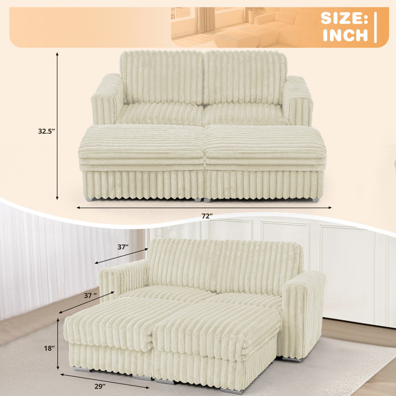 Corduroy Sectional L-Shape 2-Seats Sofa With Extra Flexible Ottoman, Beige Corduroy
